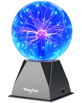 Theefun Blue Plasma Ball on a desk shows touch-responsive glow for entertainment.