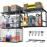 ThreeHio garage shelf with wall-mounted wire baskets keeps tools neatly organized and accessible.