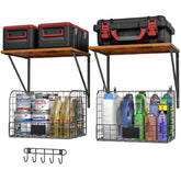 ThreeHio garage wall shelves with wire baskets offer organized tool storage.