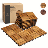 THYOI acacia deck tiles setup showing quick interlock for patio installation