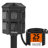 TiFFCOFiO outdoor power strip with 25ft weatherproof cord powers holiday lights safely.