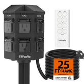 Tiffcofio outdoor remote control power strip with 25ft cord for flexible outdoor use.