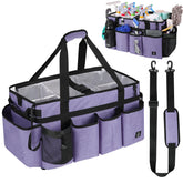 Timoxi extra-large cleaning caddy bag, purple front view, spaciously holds sprays and towels.