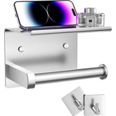 Tindbea toilet paper holder with phone shelf in brushed nickel, keeps essentials within reach