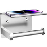 Tindbea toilet paper holder with phone shelf in brushed nickel mounted on wall for organization
