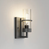 Tipace black wall light with clear glass shade for modern living room ambiance.