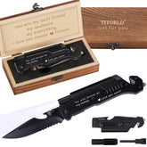 Titorld engraved pocket knife in wood box for anniversaries.