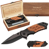 Titorld engraved pocket knife with wooden handle for a personalized gift.