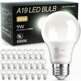 TJOY A19 LED bulbs in packaging showing energy efficiency and cost savings