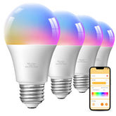 TJOY four-pack bulbs displaying vibrant RGB colors for mood lighting