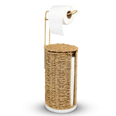 TLUCBAA HOME freestanding wicker toilet paper holder with lid provides stable storage.
