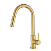 Tohlar Gold faucet with pull-down spray for versatile kitchen cleaning.