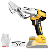 Tollkye cordless metal shear showing battery compatibility with DeWalt 20V Max.