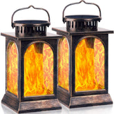 TomCare solar lantern with dancing flame for outdoor ambiance.