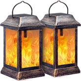 TomCare bronze solar lantern with flickering flame for outdoor ambiance.