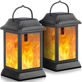 TomCare solar lantern with flickering flame illuminates patios, creating welcoming ambiance.