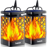 TomCare solar lantern outdoor flame closeup with flicker for cozy evenings.