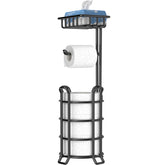 TomCare toilet paper stand with shelf in black metal beside the toilet, keeping essentials handy.