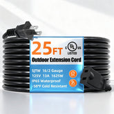 TooCust 25ft outdoor extension cord with polarized plug for weatherproof power outdoors.