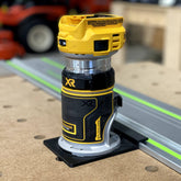 ToolCurve guide-rail adapter mounted on a Dewalt router for precise setup.