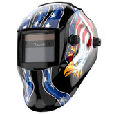 Toooliom solar-powered welding helmet front view highlights comfort during long sessions