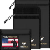 TOOLTROOPERS FIRESHIELD PRO front view shows three-pack fireproof bags for organized protection.