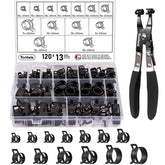Toolwiz 120Pcs spring band hose clamps organized in a sturdy storage box for easy access