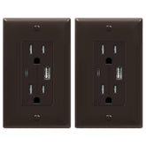 TOPGREENER 2-Port USB outlet with Type-C, brown finish; charges up to three devices without adapters.