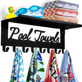 Topspeeder pool towel rack with shelf and eight hooks keeps poolside essentials organized.