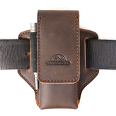 Topstache leather multitool sheath dark brown outer view with belt clip for secure daily carry.
