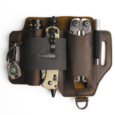 Topstache leather multitool sheath front view for secure daily carry.