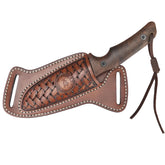 Tourbon leather fixed blade sheath on belt with open-top access.