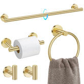 TQKAG Brushed Gold 5-piece set for coordinated bathroom organization and durability.