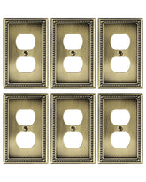 TREEWELL antique brass duplex outlet cover plate; durable metal with six-pack convenience.