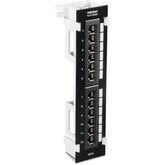 TRENDnet TC-P12C6V patch panel front view with labeled ports for organized wiring.