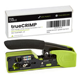 TRUE CABLE pass-through RJ45 crimp tool in action enabling precise terminations with pass-through plugs