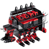 TRZZ power tool organizer with outlets keeps charging nearby and tools ready.