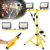 T-SUNiceM 21000-lumen work light on stand illuminates outdoor job sites with bright, even coverage.