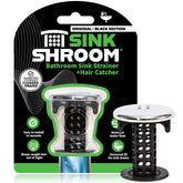 TubShroom SinkShroom Chrome Edition inside drain hair catcher catching strands, reducing clogs.