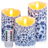 Tujoe flameless candle set in blue and white florals enhances elegant spaces.