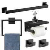 Tupello 5-piece matte black bathroom set with 16-inch towel bar for organized spaces.