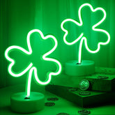TURNMEON St Patrick's Day neon shamrock sign with holder base on a tabletop.