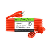 UBOORY 100 ft orange outdoor extension cord coiled for easy storage and visibility.