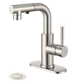 Ultimate Unicorn brushed nickel pull-out sprayer faucet on a sleek bathroom sink.