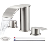 Ultimate Unicorn waterfall faucet in brushed nickel adds modern style to the vanity.
