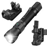 ULTRAFIRE E5 tactical flashlight beam at night for long-range visibility.