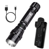 ULTRAFIRE rechargeable tactical flashlight beam delivering clear long-range visibility for patrols