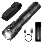 ULTRAFIRE WF-502B front view, compact rugged flashlight for outdoor illumination