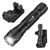 ULTRAFIRE WF-501B PRO flashlight front view showing bright 1200-lumen beam for clear night visibility.