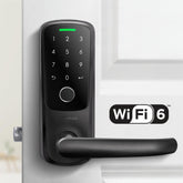 ULTRALOQ Latch 5 built-in WiFi lock on a modern door, showing its sleek black finish